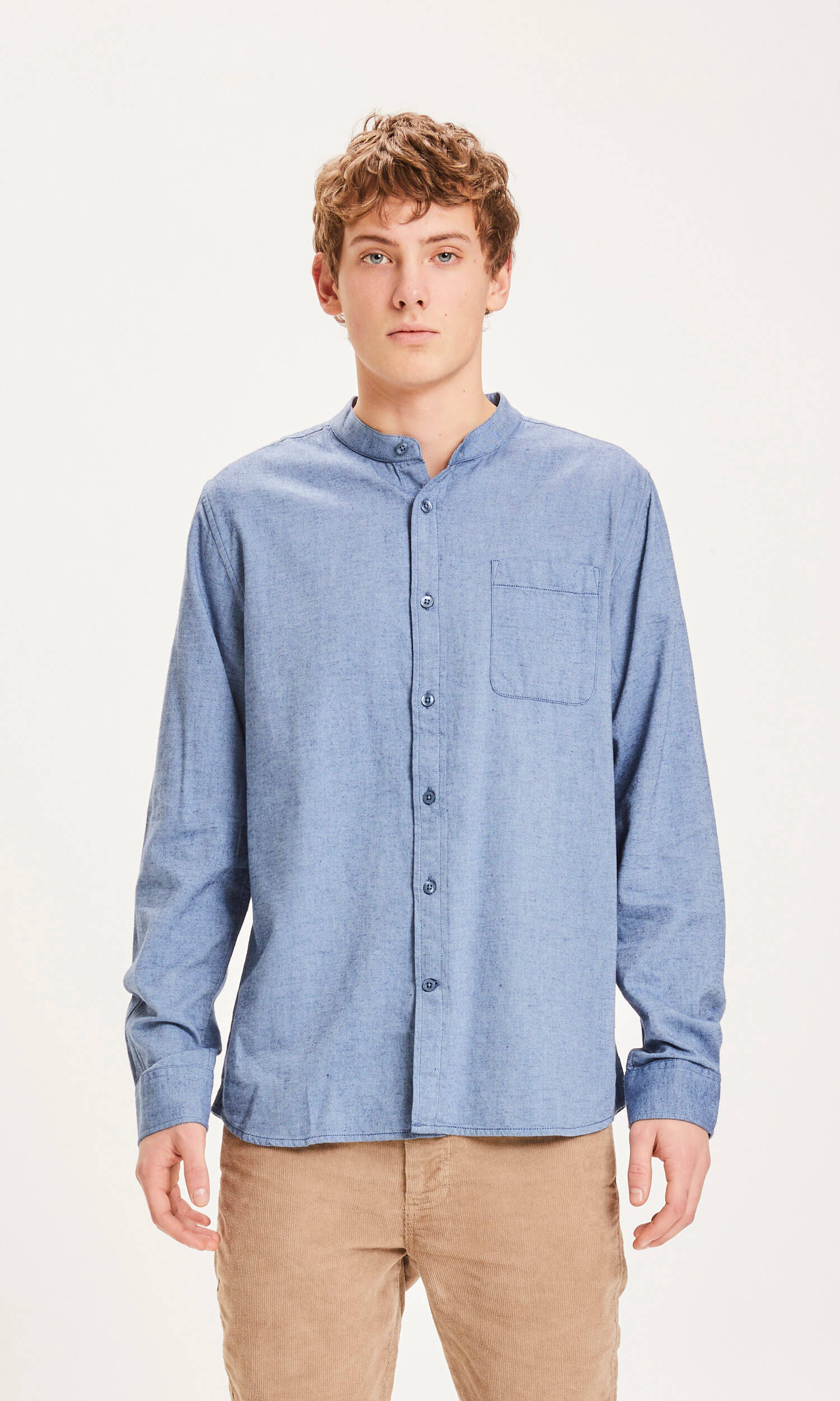 ELDER Regular Fit Melange Flannel Stand Collar Shirt - GOTS/Vegan dark denim XL