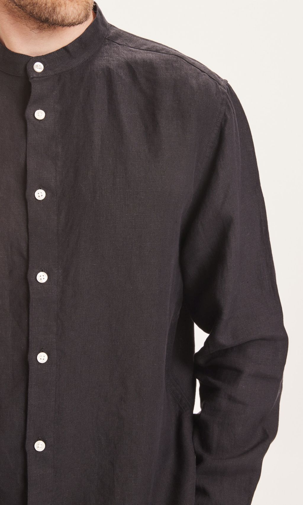 Larch Ls Linen Stand Collar Shirt - Gots/Vegan - Black Jet XXL
