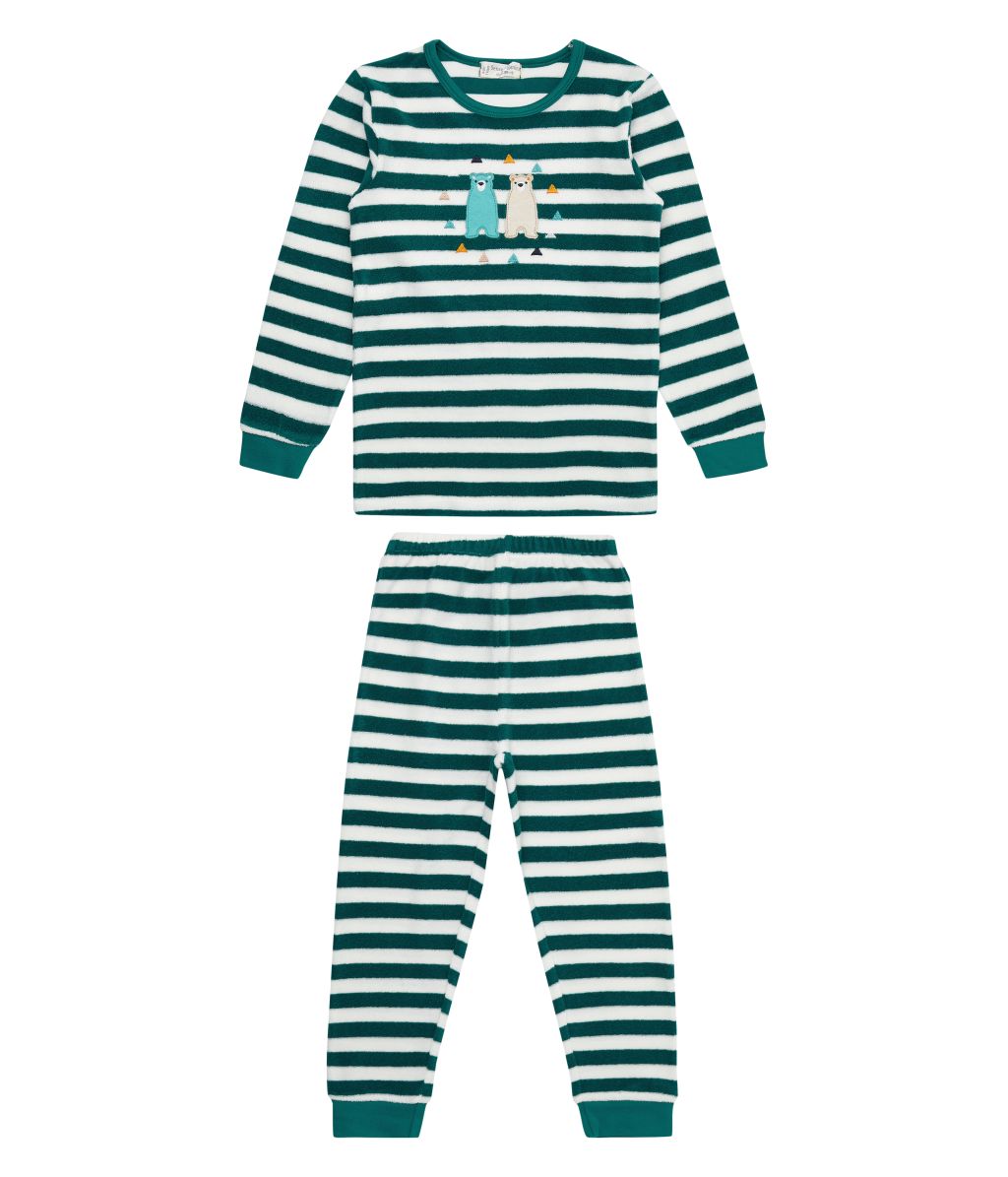 Long John Retro Terry Pyjama Teal Stripes+Bear Applique 92
