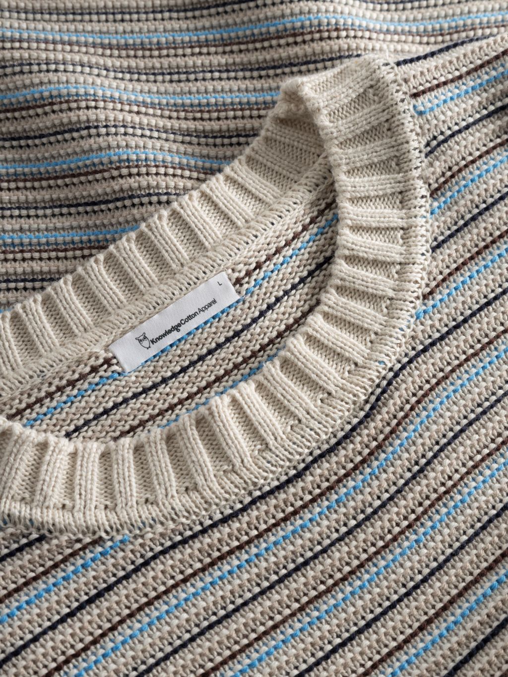 Cotton Striped Knitted Crew Neck Beige Stripe L